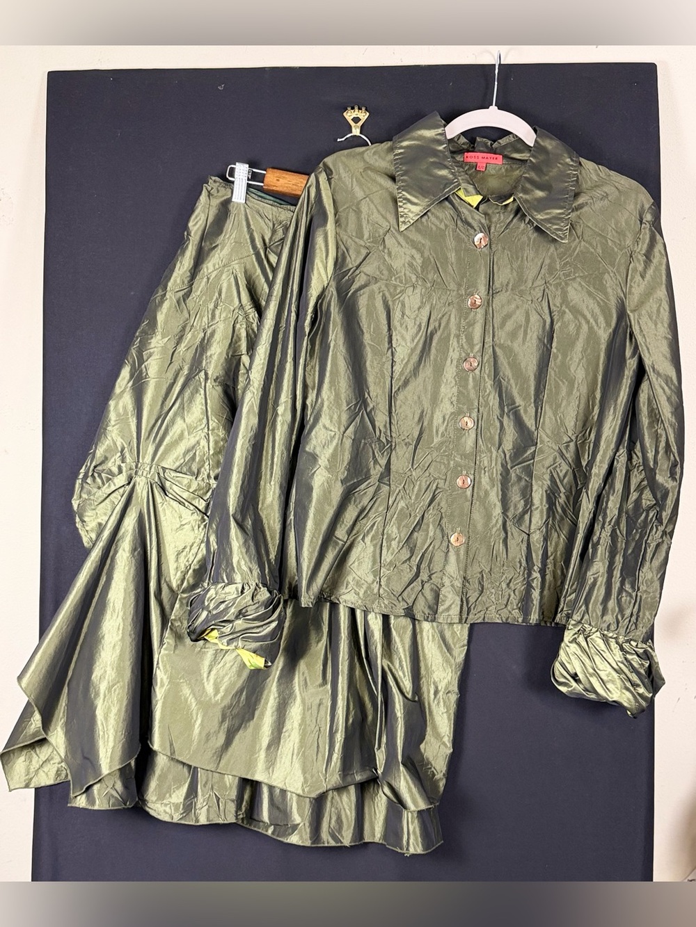 Ross Mayer Olive Green Two piece Taffeta Dress Suite Jacket & Layered Skirt Set